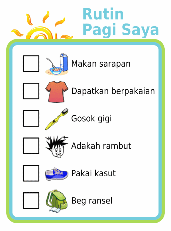 Morning routine picture checklist for kids in malay