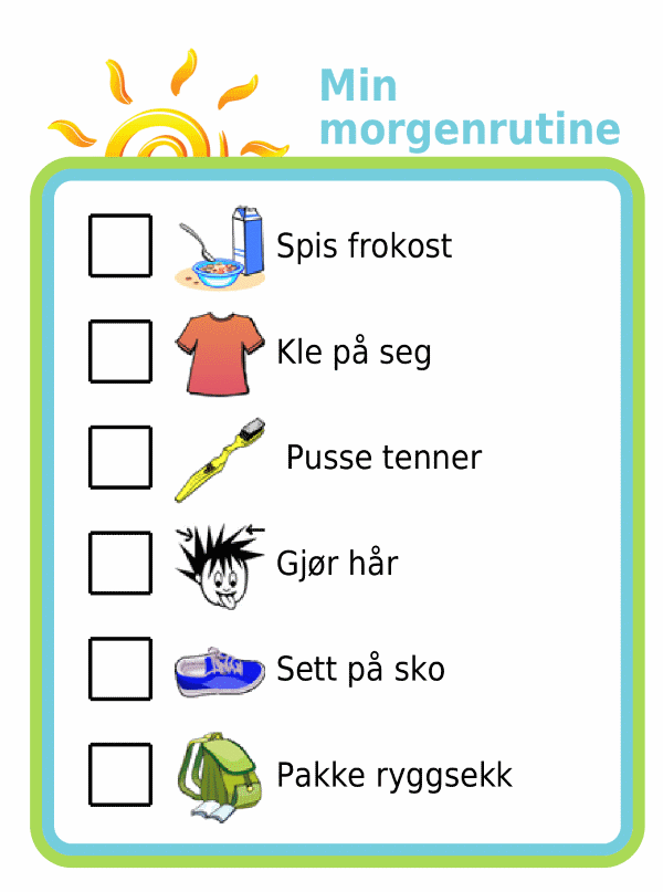 Morning routine picture checklist for kids in norwegian