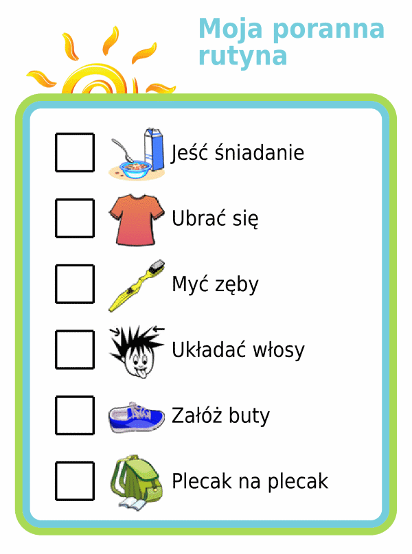 Morning routine picture checklist for kids in polish