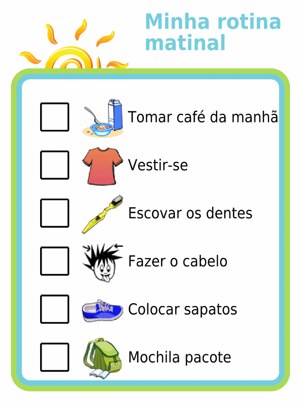 Morning routine picture checklist for kids in portuguese