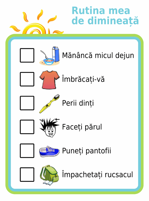 Morning routine picture checklist for kids in romanian