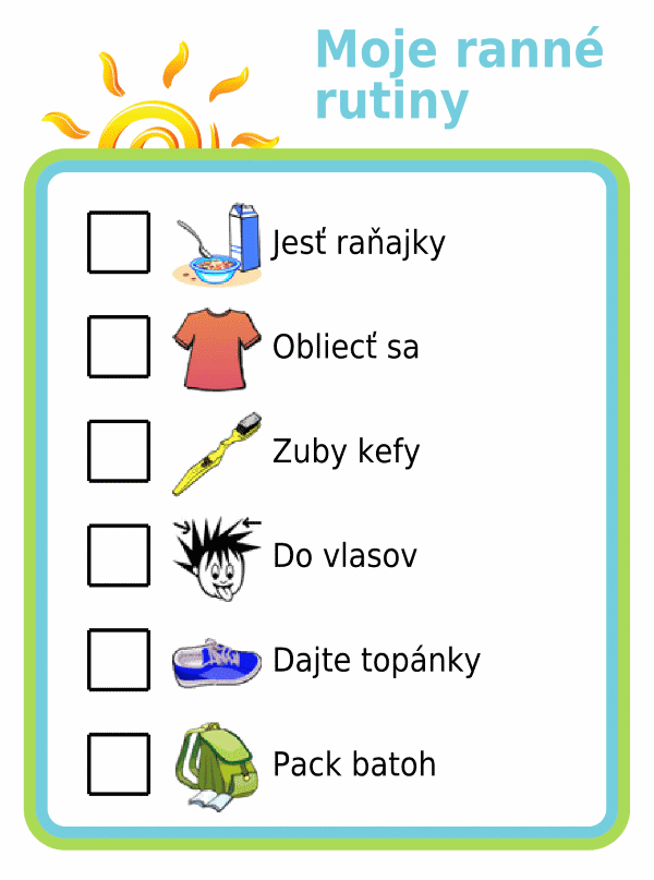 Morning routine picture checklist for kids in slovak