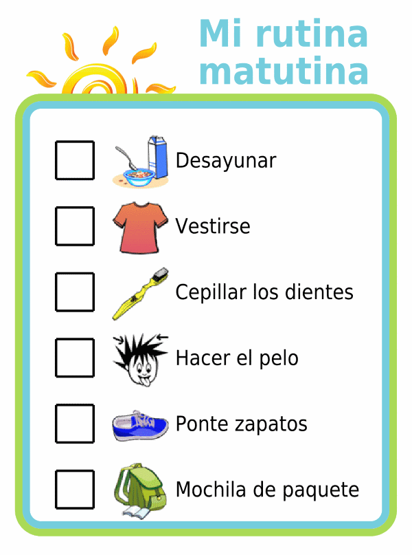 Morning routine picture checklist for kids in spanish