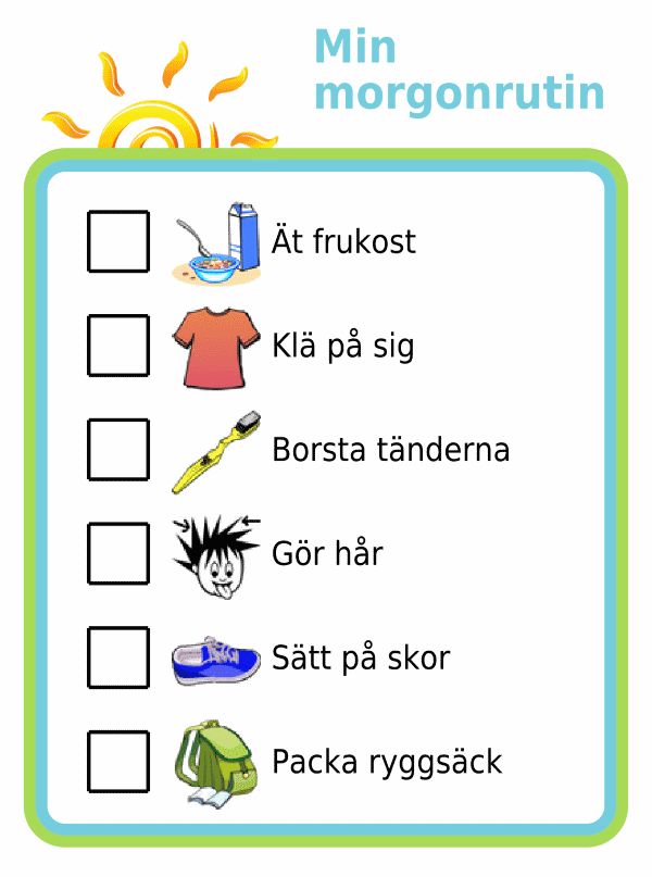 Morning routine picture checklist for kids in swedish