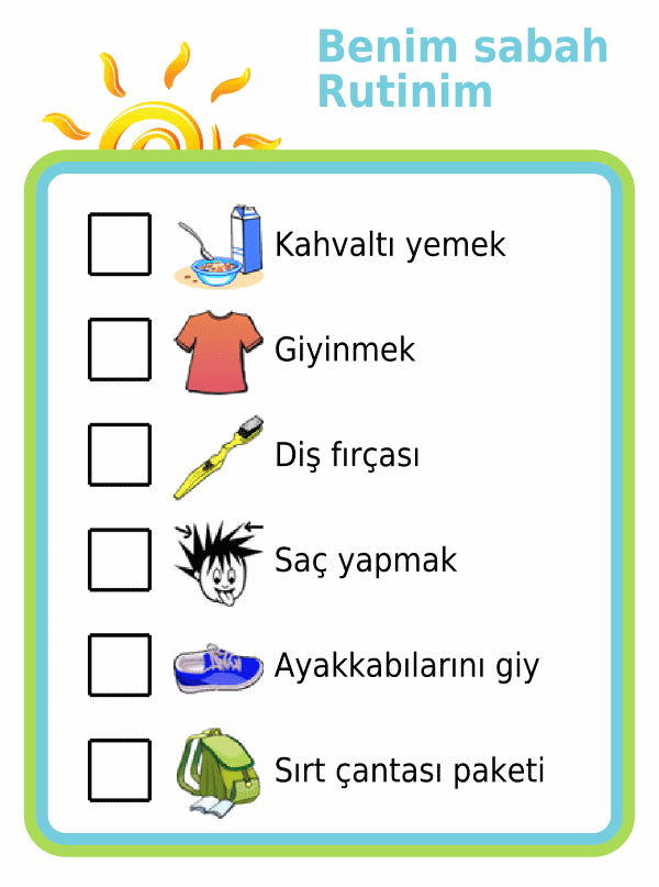 Morning routine picture checklist for kids in turkish