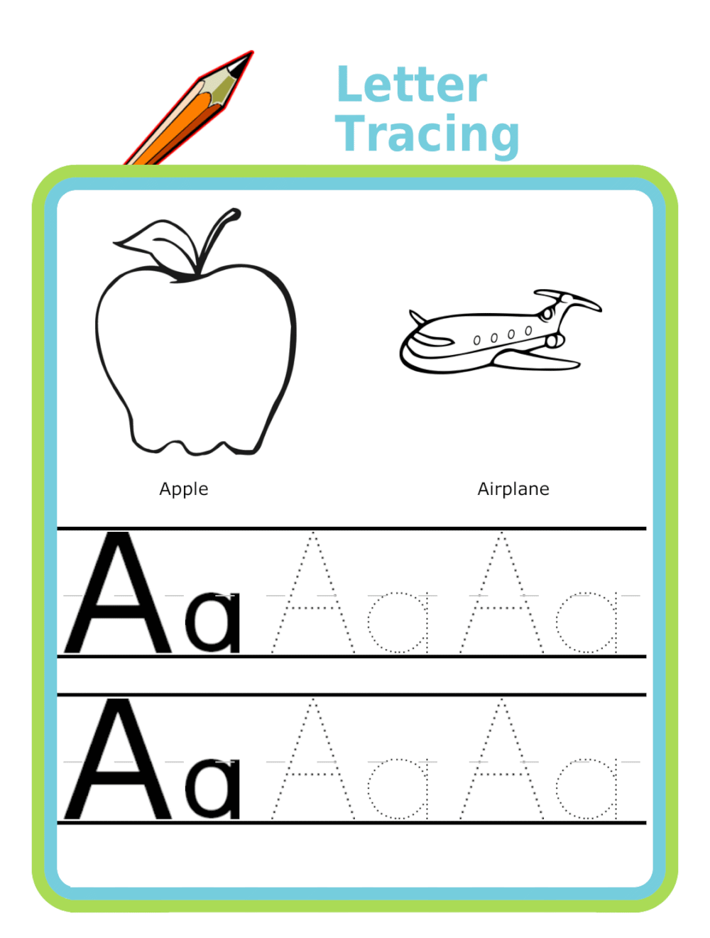 Capital A and lower case a, in dotted form twice for tracing, with a picture of an apple and an airplane to color