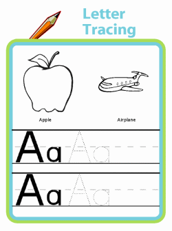 Trace letters A and B, picutres of apple, airplane, boat, bird, or your own name