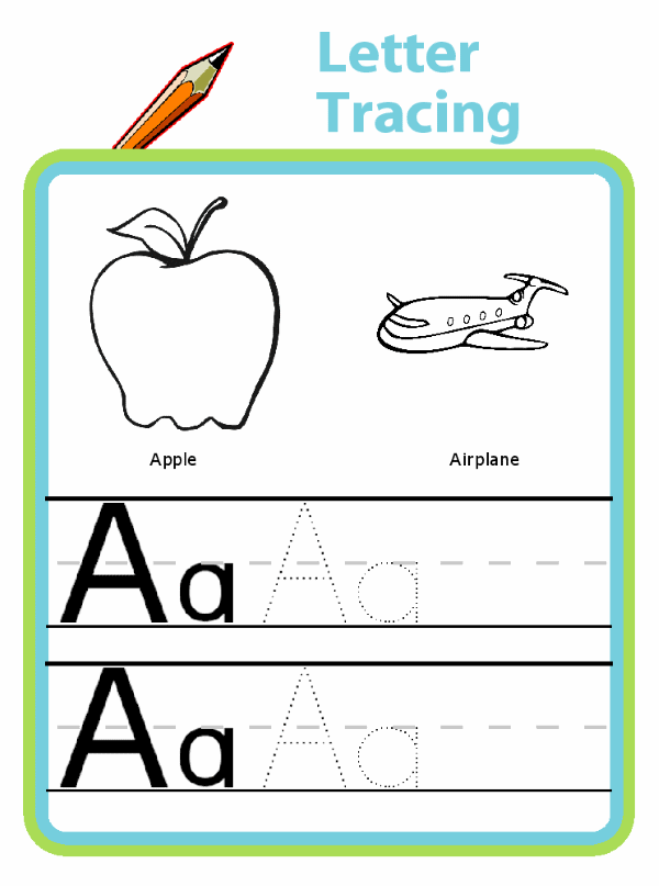 Trace letters A and B, pictures of apple, airplane, boat, bird, or your own name