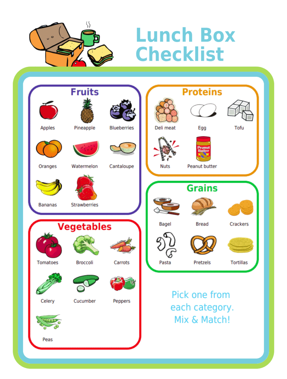Picture checklist organized by food categories to help kids pack their own healthy lunch