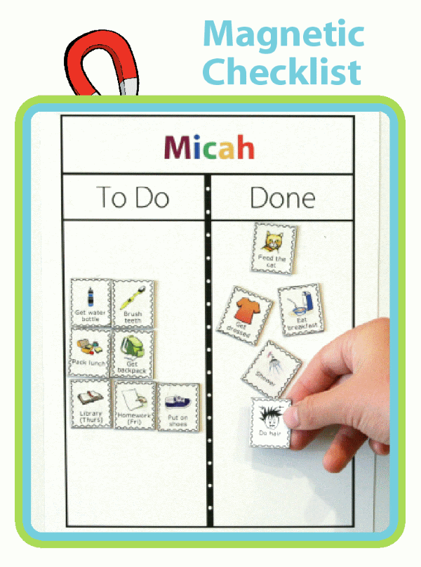 Magnetic To Do /  Done board with child’s name at top and morning routine magnets