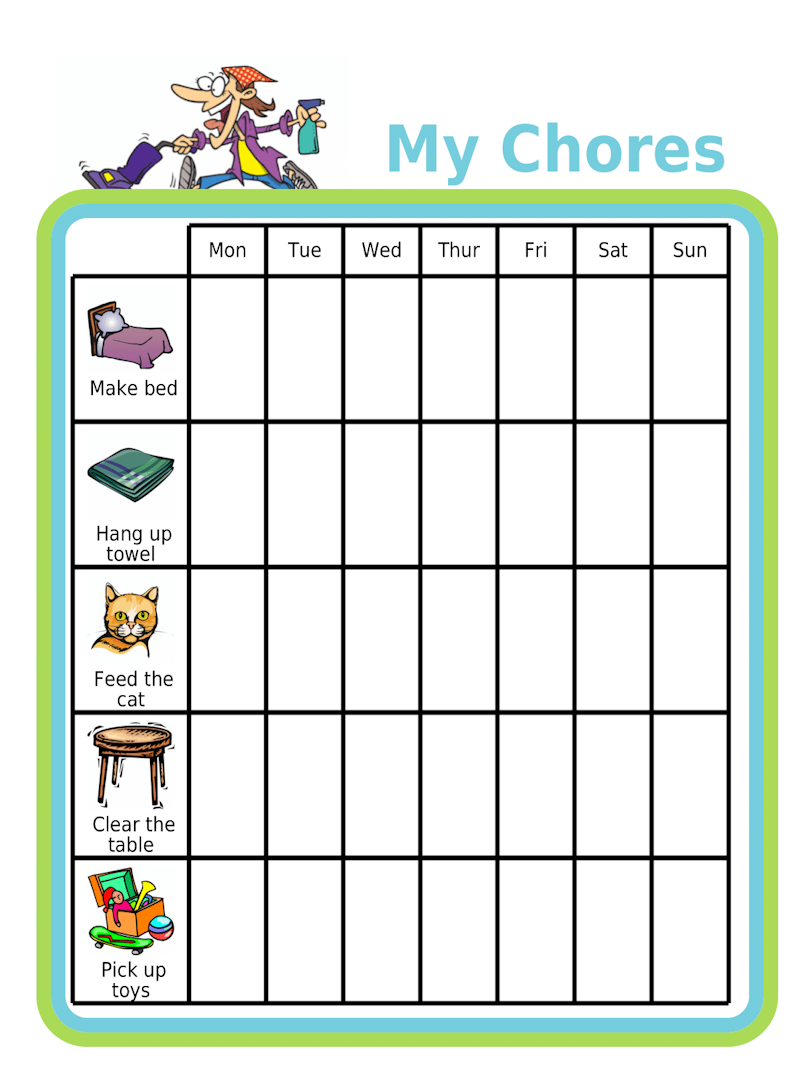 Picture checklist weekly grid with 5 chores: make bed, hang up towel, feed cat, clear table, pick up toys 