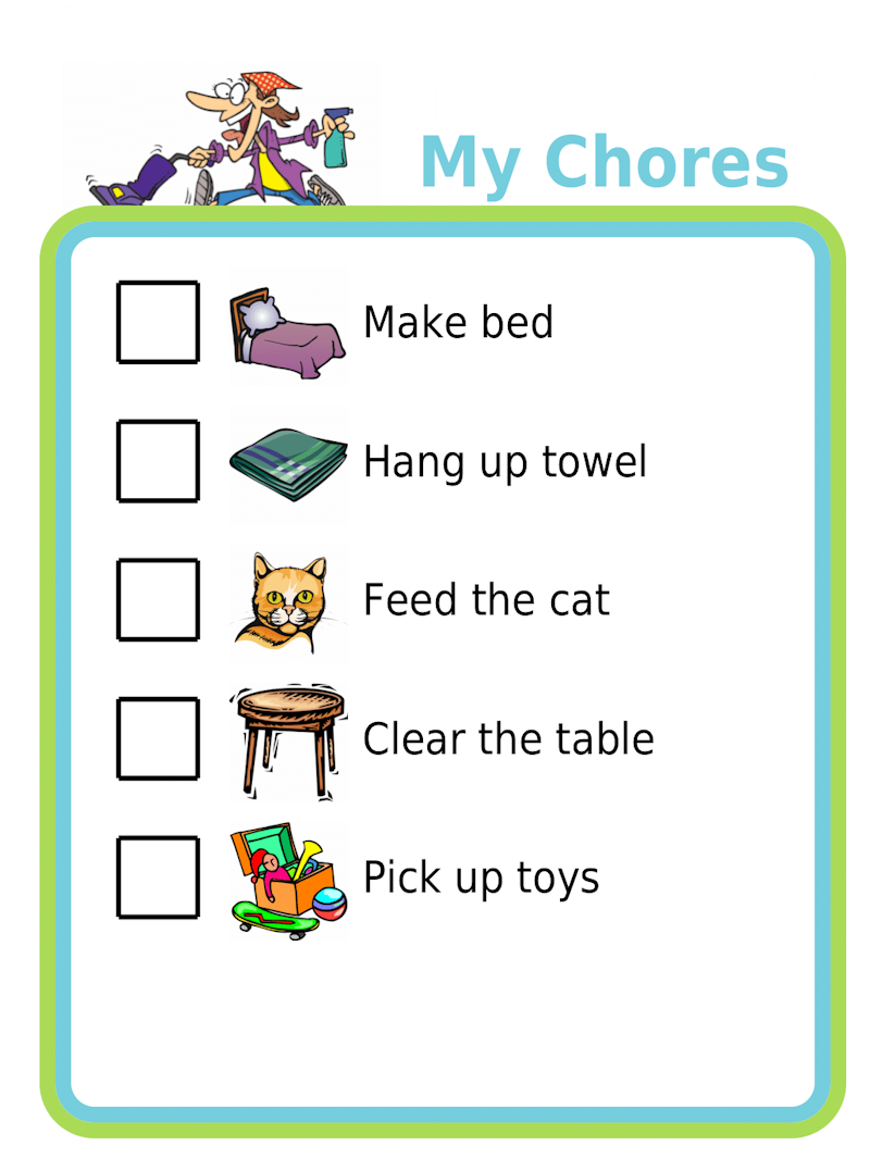 Picture checklist with 5 chores: make bed, hang up towel, feed cat, clear table, pick up toys 