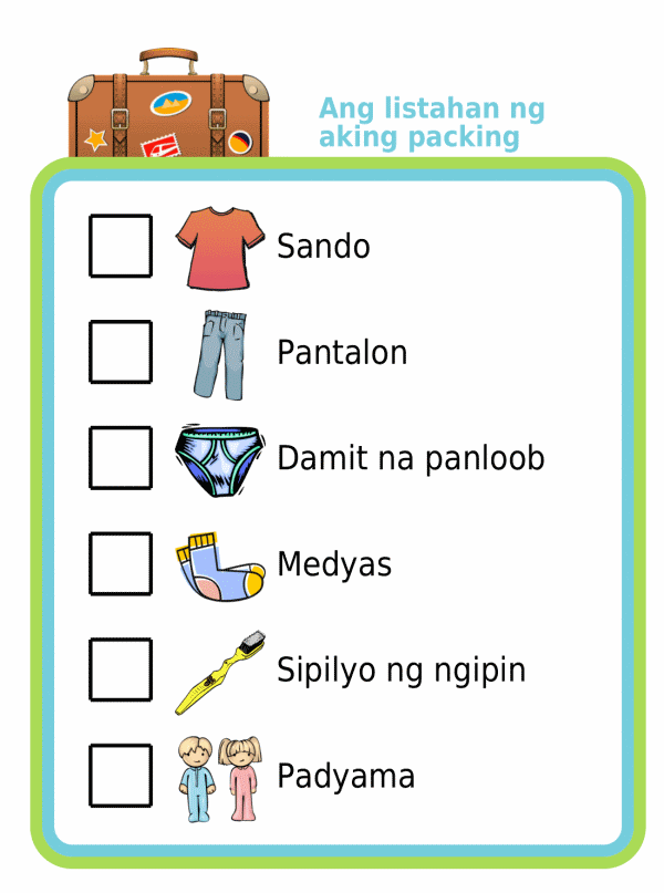 Picture checklist in tagalog so kids can pack for your next trip