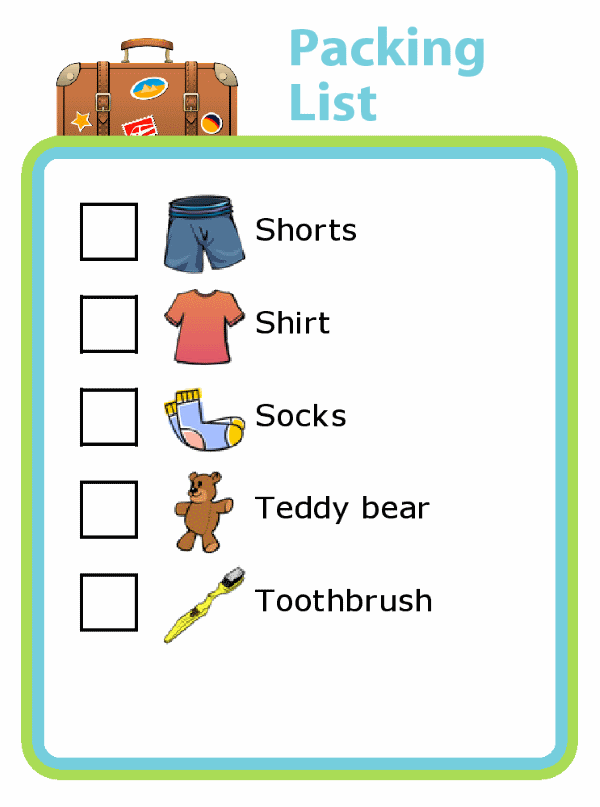 Picture checklist so kids can pack for your next trip