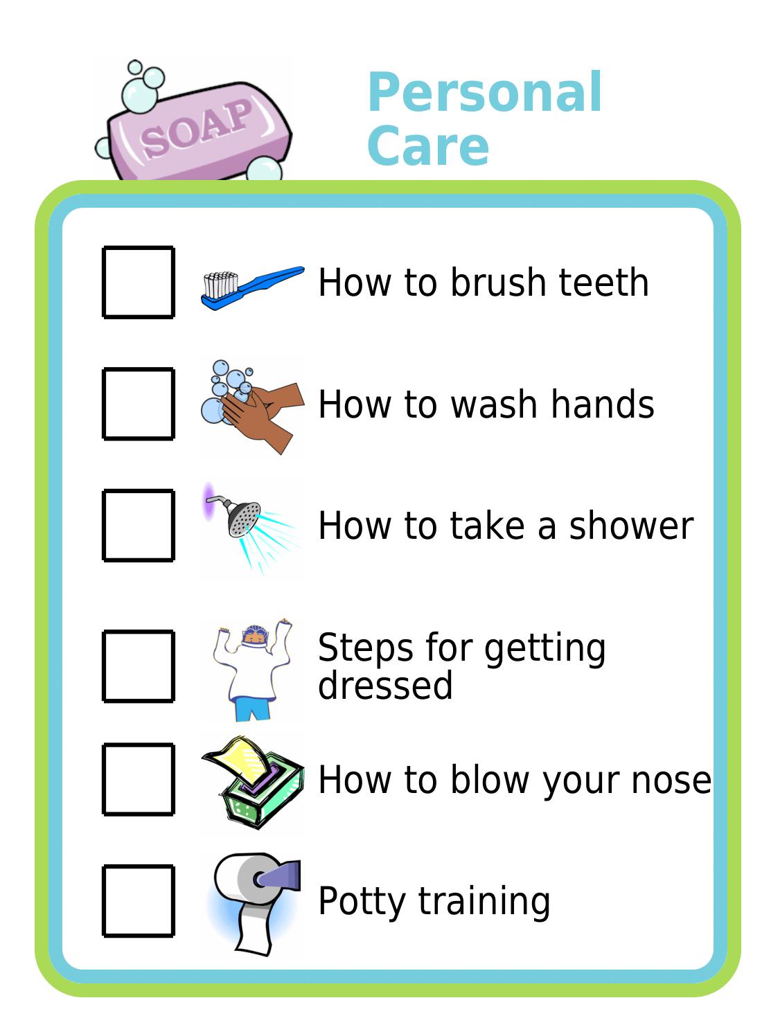 Personal care picture checklists: wash hands, get dressed, potty training, brush teeth