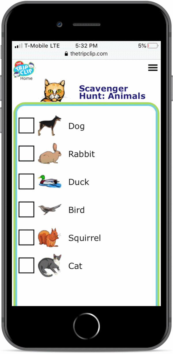 Picture checklists things for kids to find on walking scavenger hunt