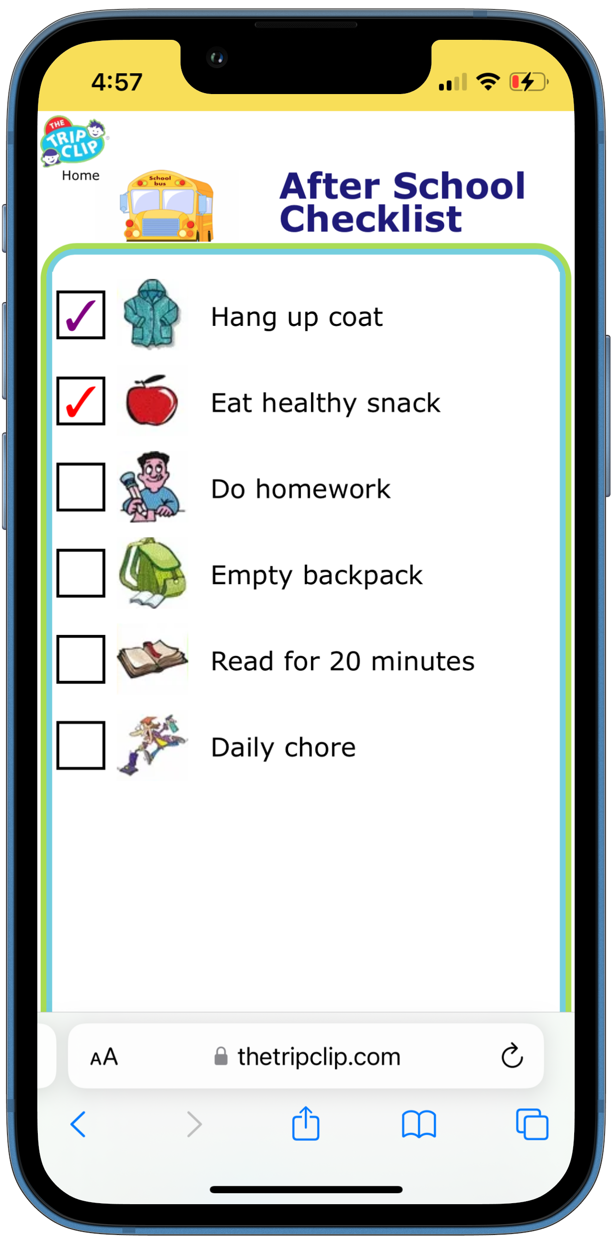 Picture checklist with clipart showing a daily after school checklist for kids