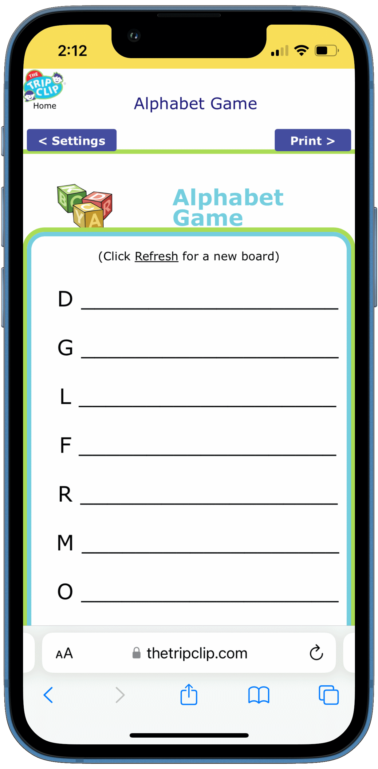 Alphabet Game: Blank lines with a capital letter at the beginning of each.