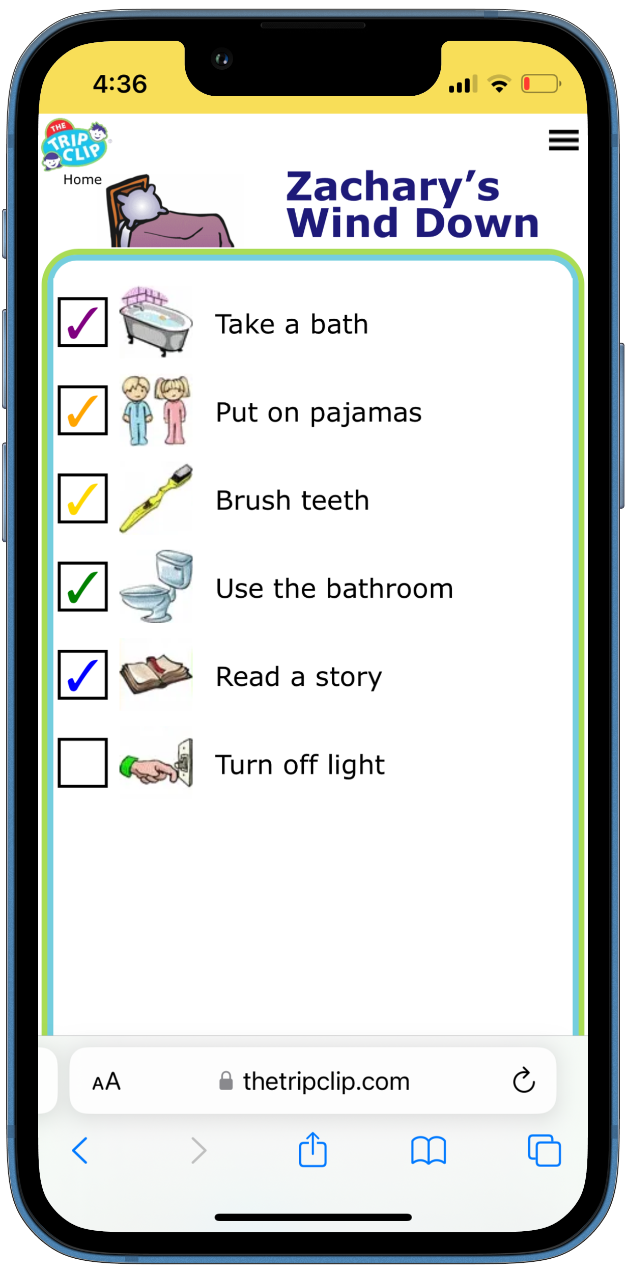 Bedtime routine picture checklist for kids on an iphone