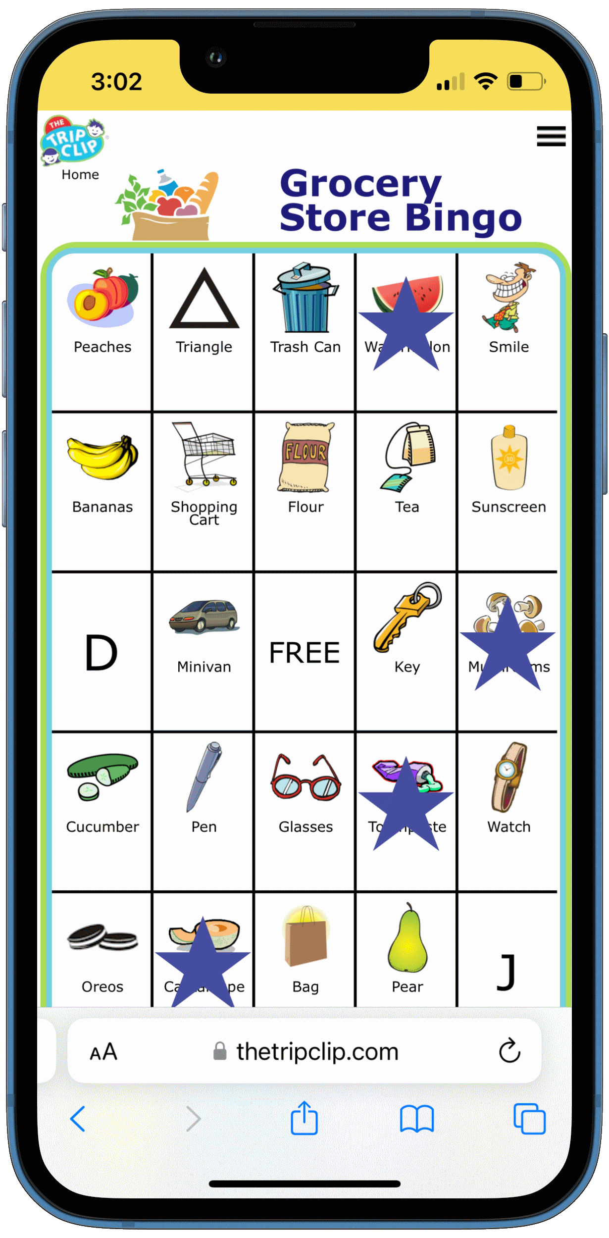 Bingo board on iphone with groceries at the top and titled Grocery Store Bingo