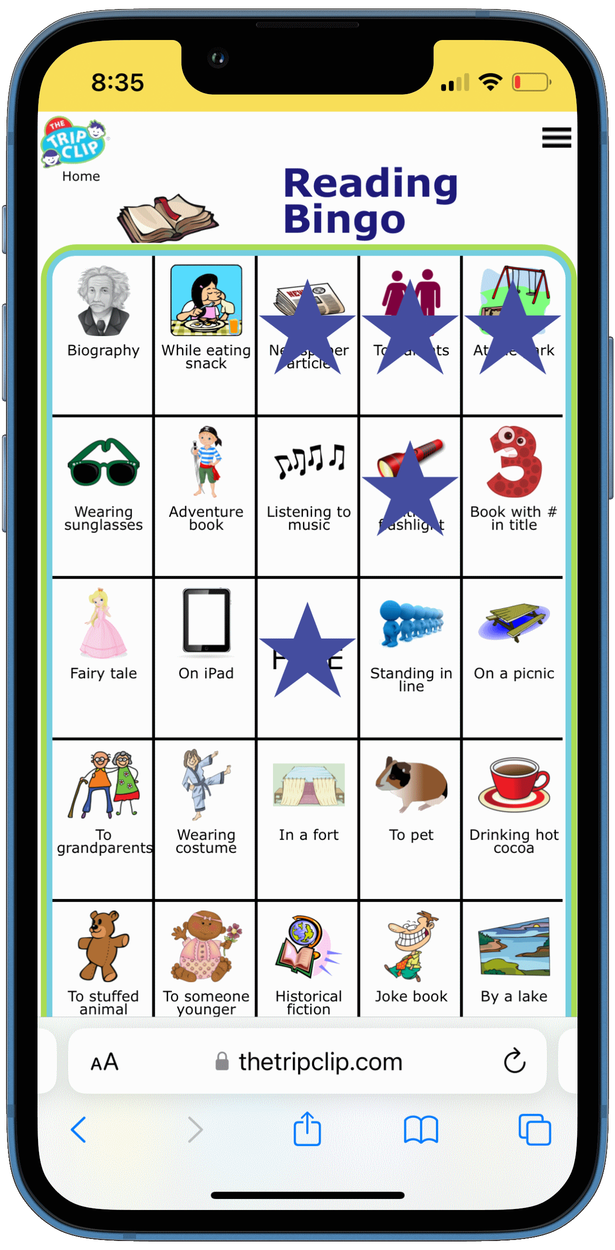 Bingo board with pictures showing Summer Reading ideas