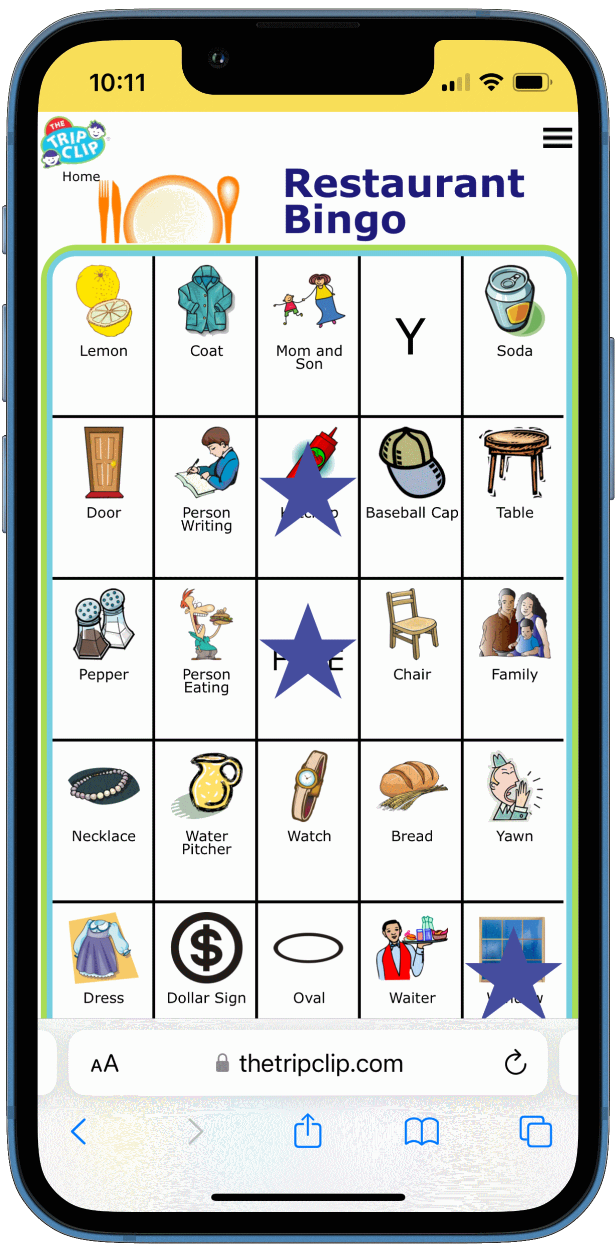 Bingo board with place setting at the top and titled Restaurant Bingo