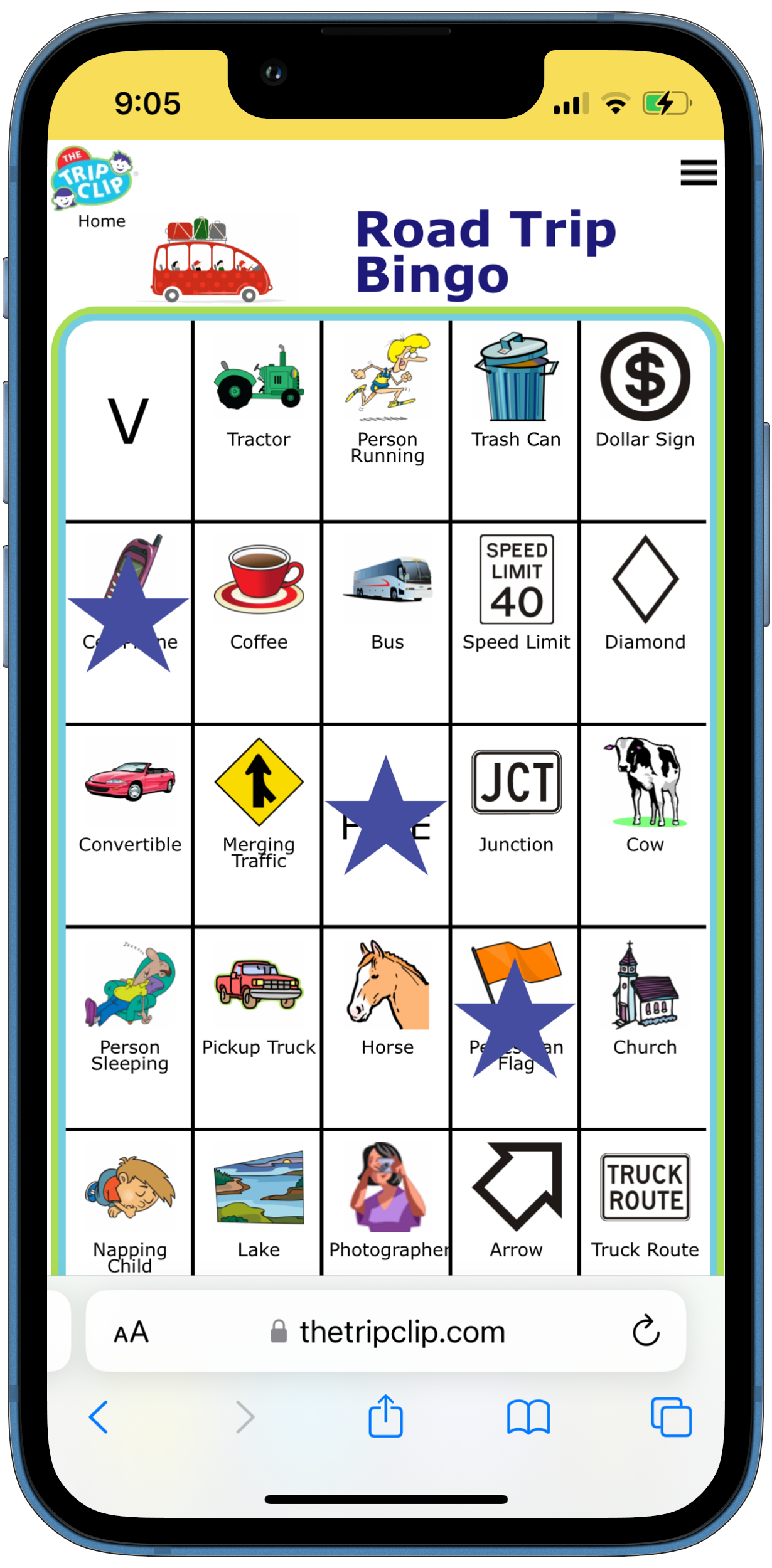 Bingo board with red car at the top and title Road Trip Bingo