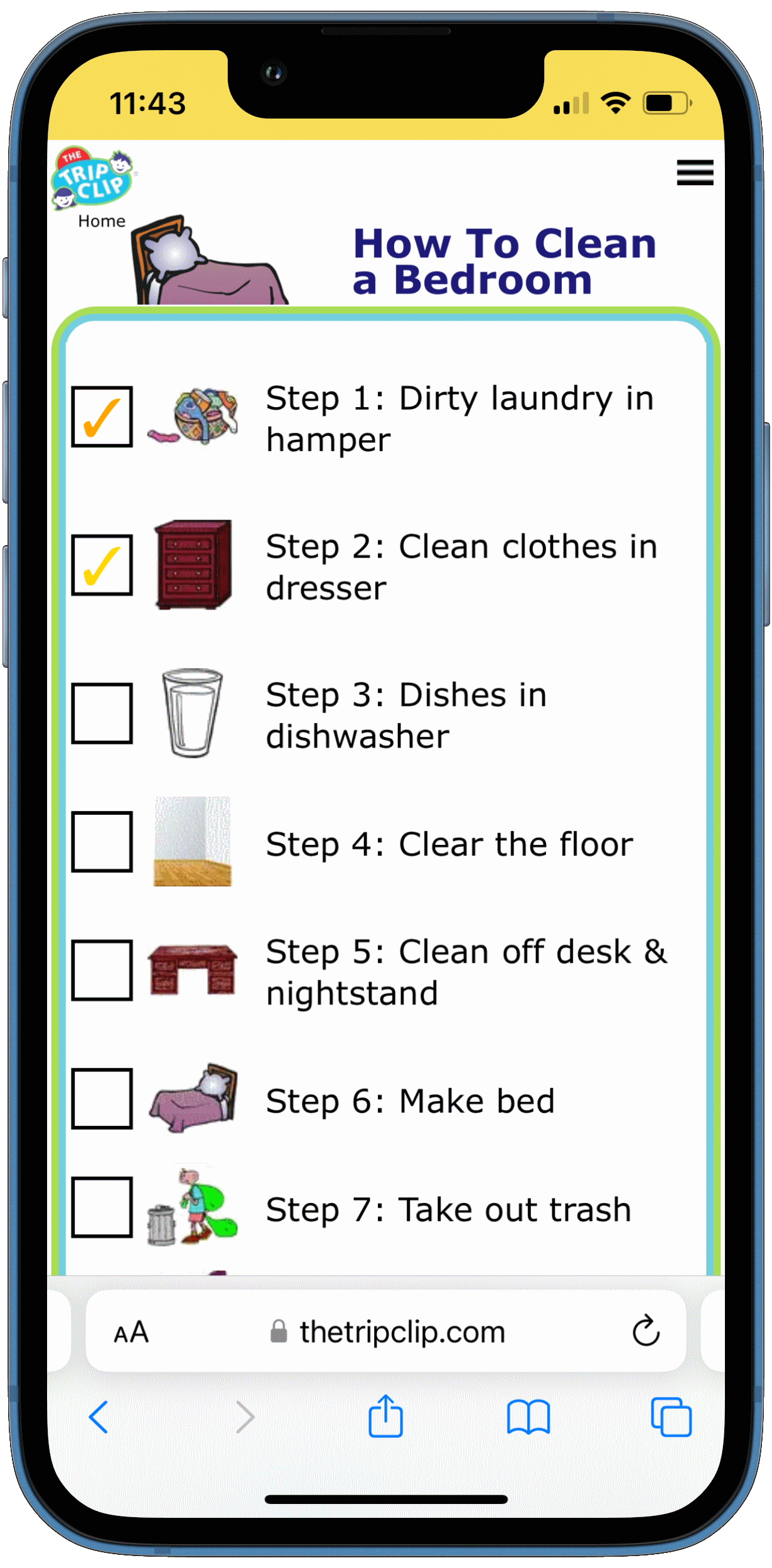 Picture checklists to teach a kid to clean a bedroom in 8 steps