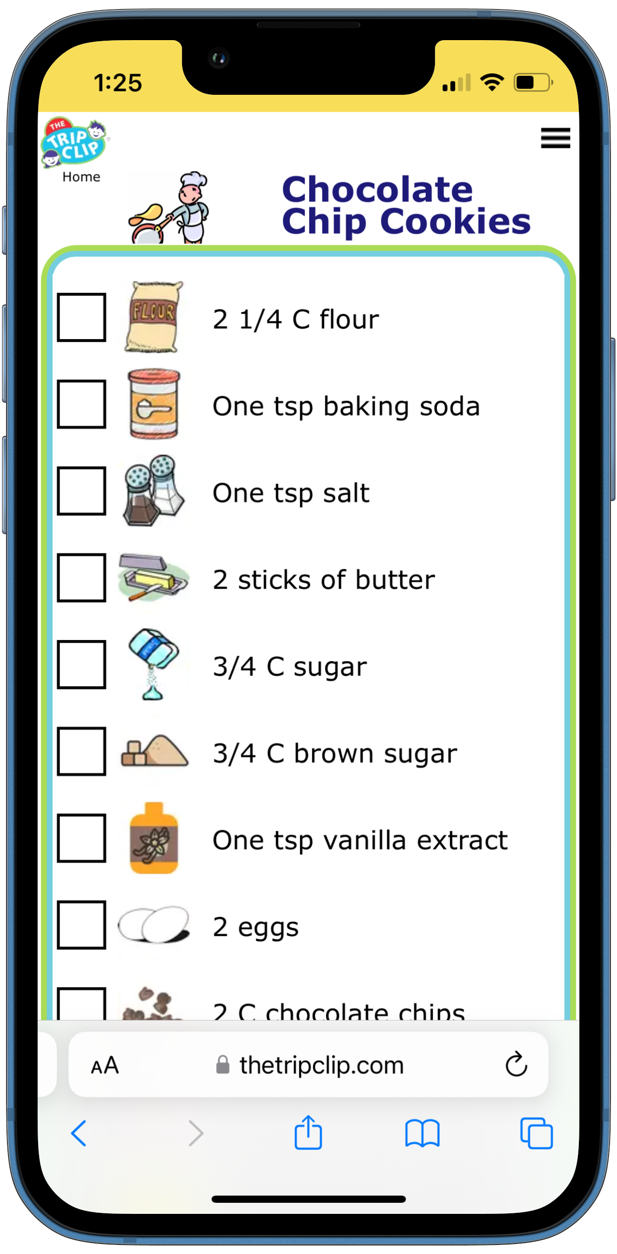 Picture checklist showing recipe for baking chocolate chip cookies