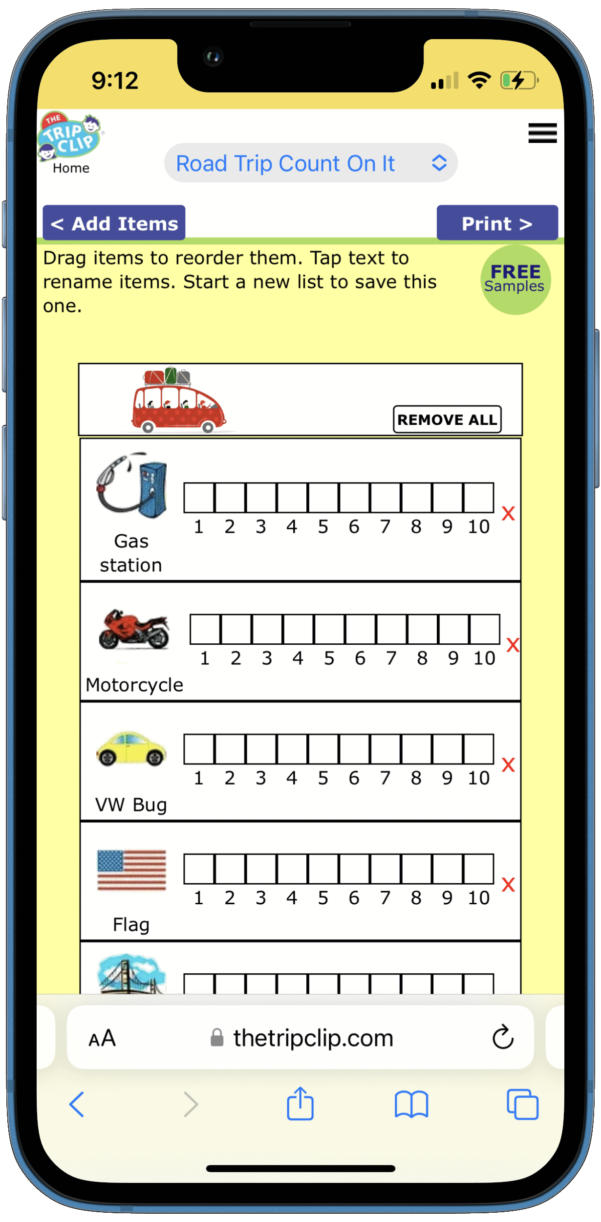 Chart for counting gas stations, motorcycles, VW bugs, and flags on a road trip