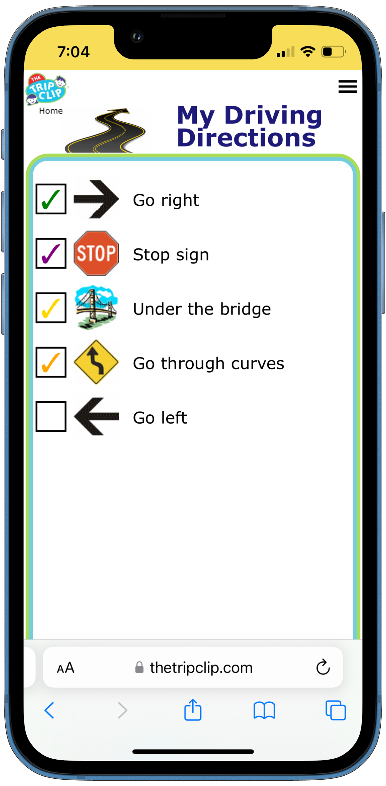 Picture checklist of driving directions for kids