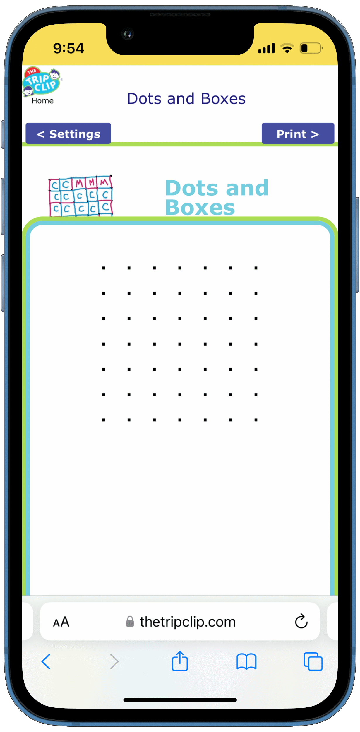 4 iPhones showing 2-player printable games: dots and boxes, hangman, battleship, and tic tac toe