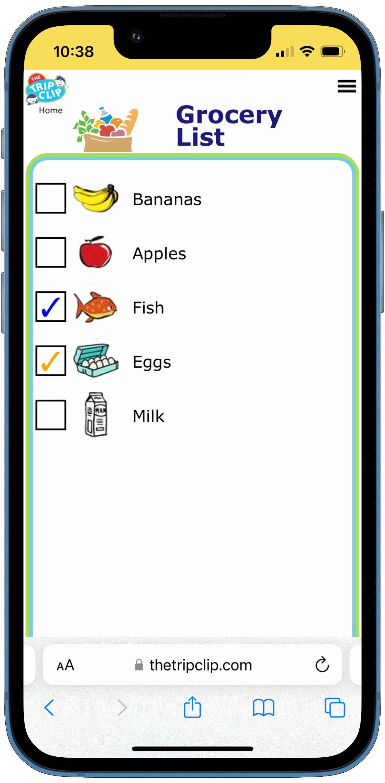 Picture grocery shopping list: bananas, apples, fish, eggs, milk