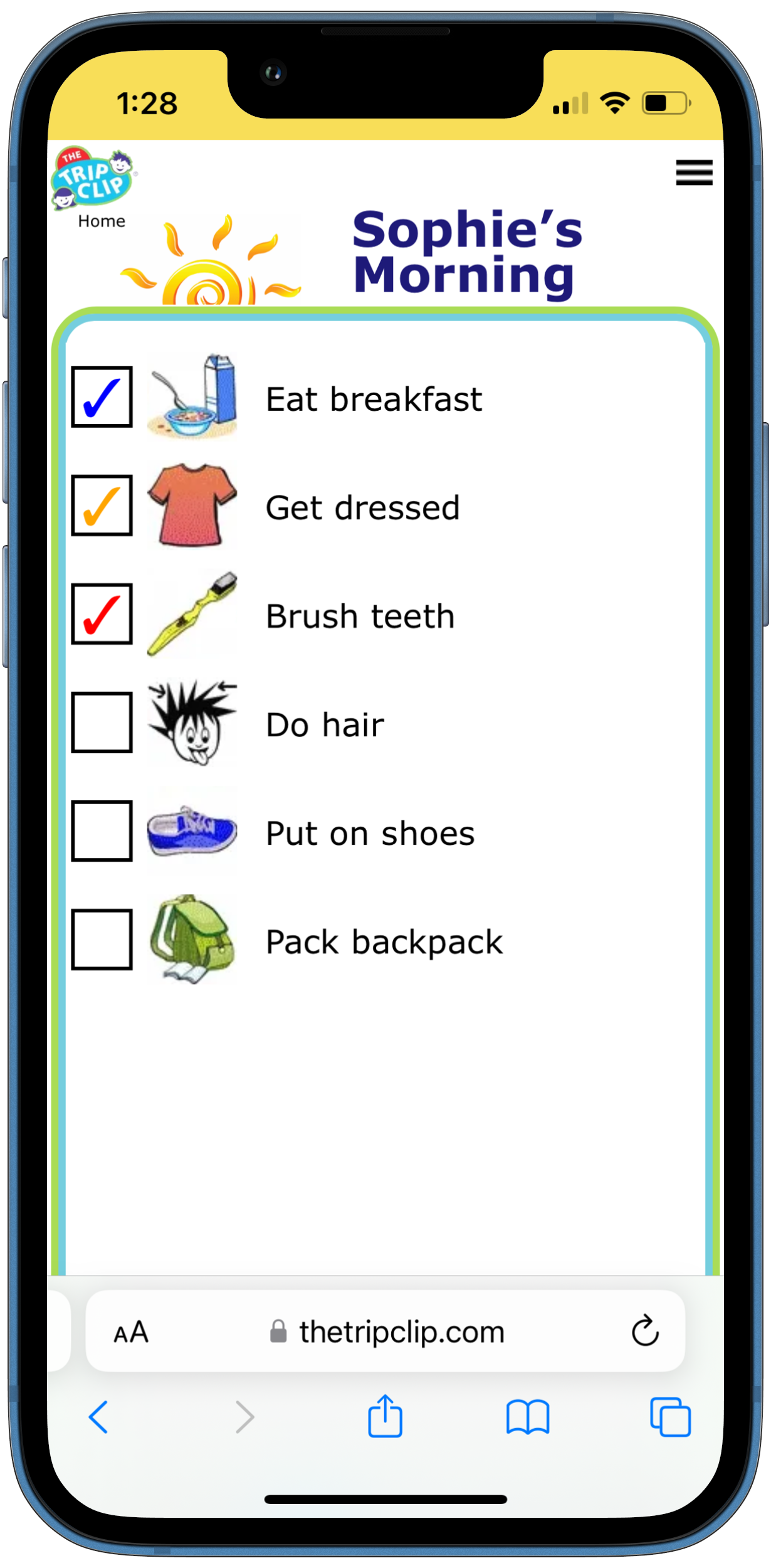 Morning routine picture checklist for kids on an iphone