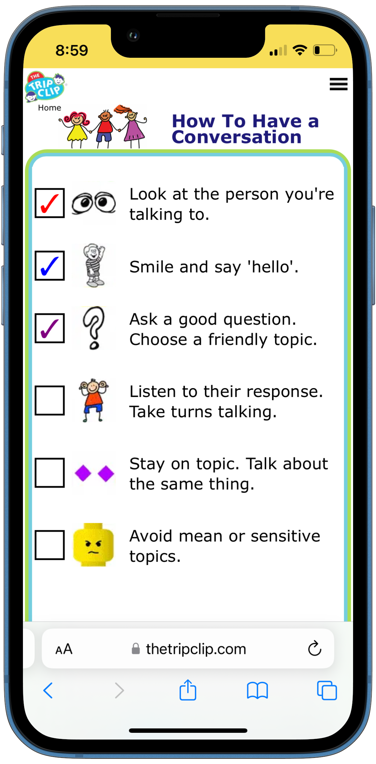 Picture checklists explaining how to have a conversation