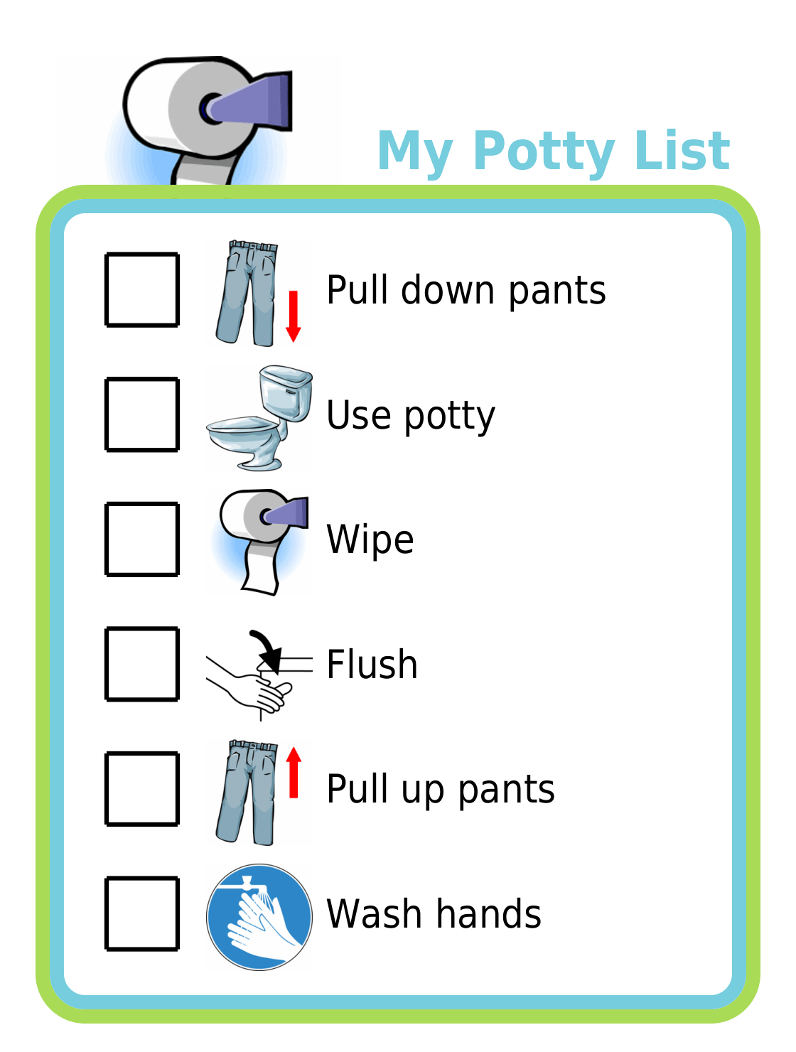 Picture checklist for steps to using the potty