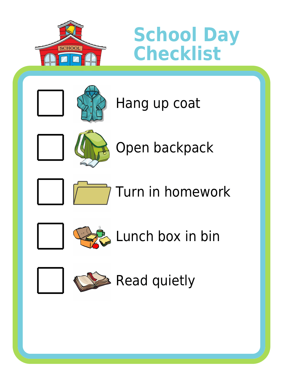 Picture checklist of a school day start checklist