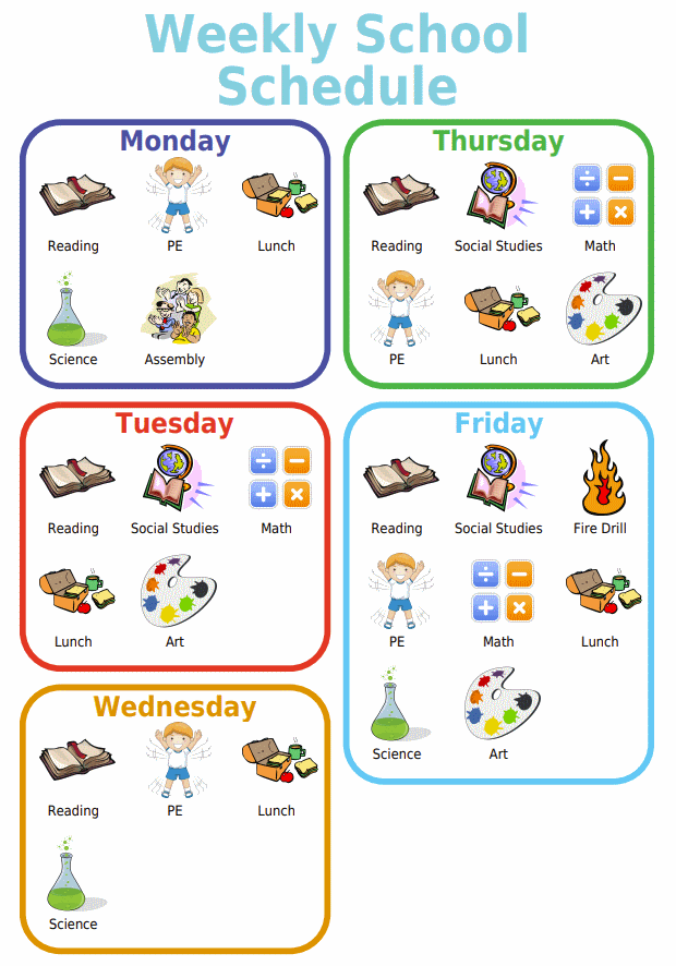 Picture checklist of a weekly school schedule for kids