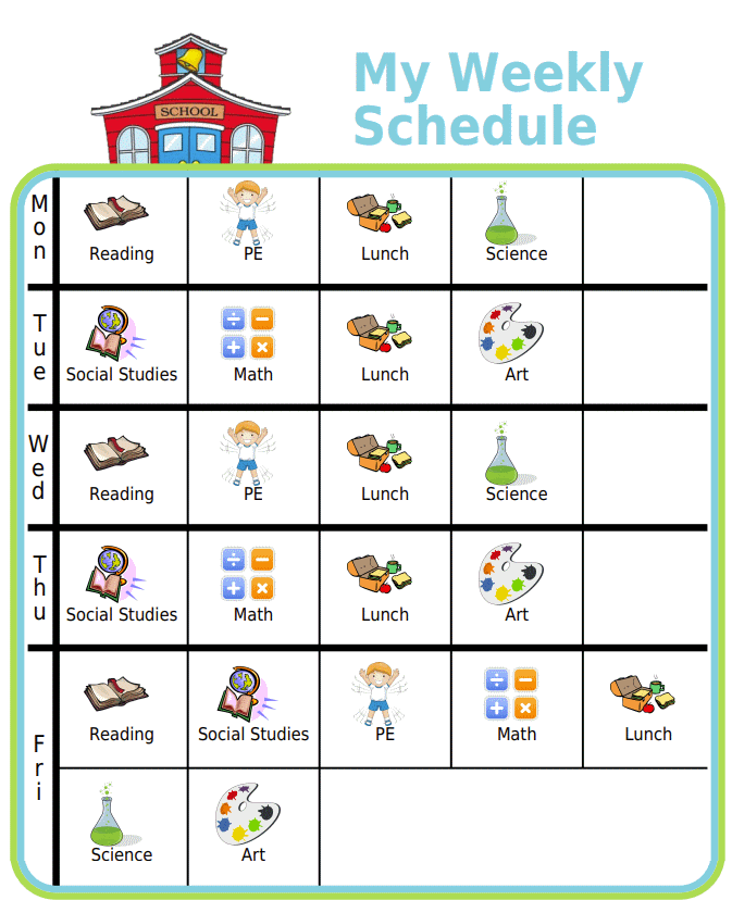 Picture checklist of a weekly school schedule for kids