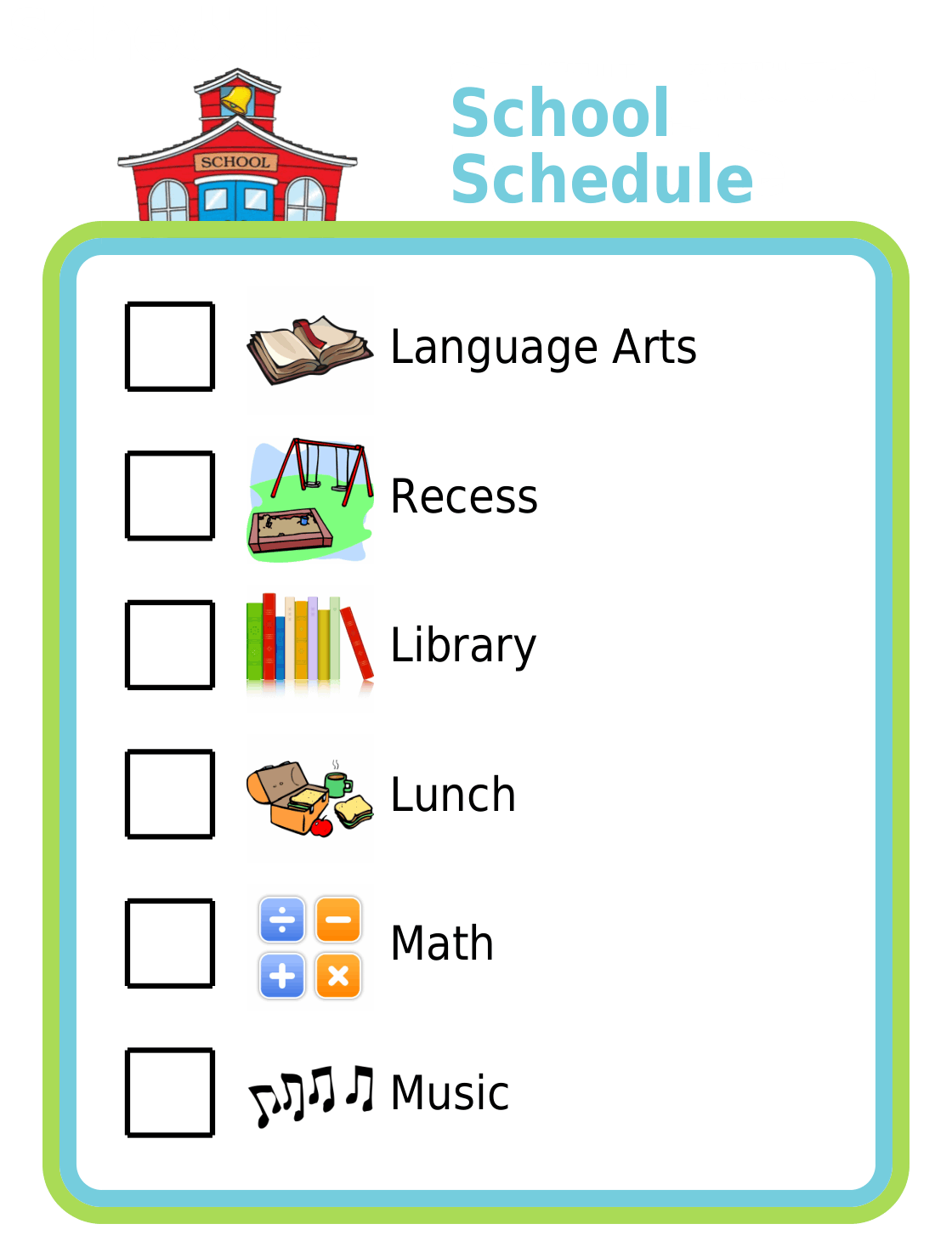 Picture checklist of a school schedule for kids
