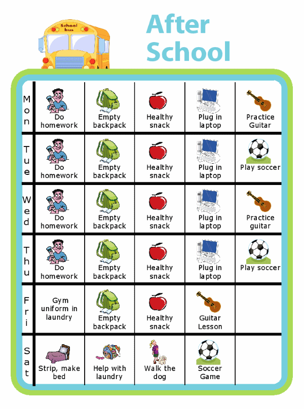 Picture checklist with clipart showing a weekly after school checklist for kids