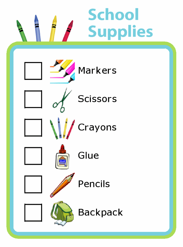 Picture checklist of school supplies; glue, markers, pencils, tisses, hand sanitizer, scissors