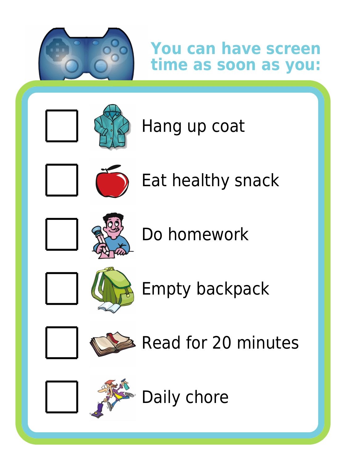 Picture checklist for after school screen time rules for kids