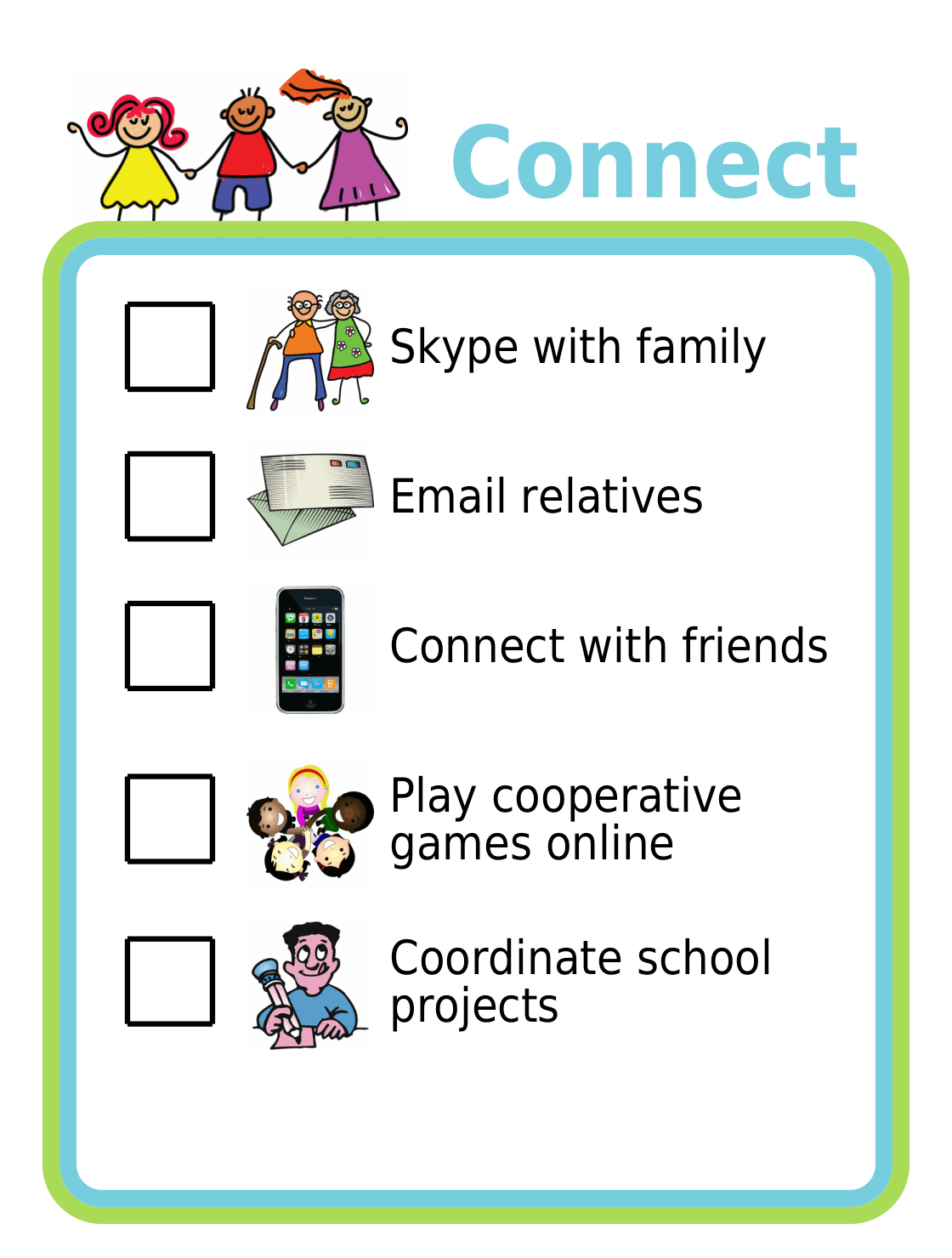 Picture checklist with ideas for using screentime to connect with family