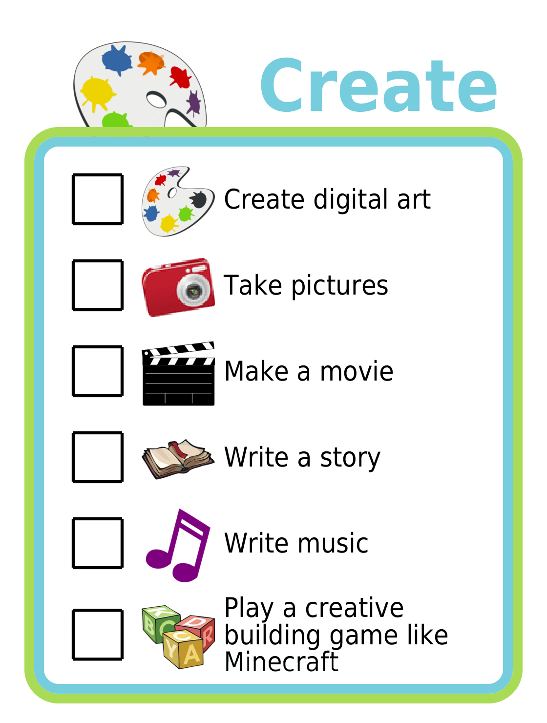 Picture checklist with ideas for using screentime for creativity