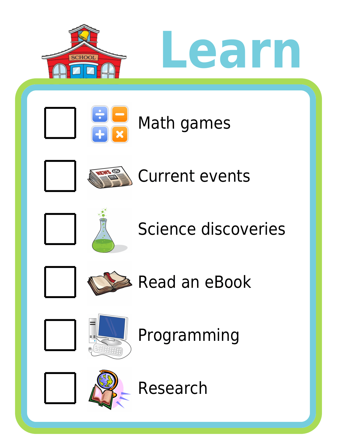 Picture checklist with ideas for using screentime for learning