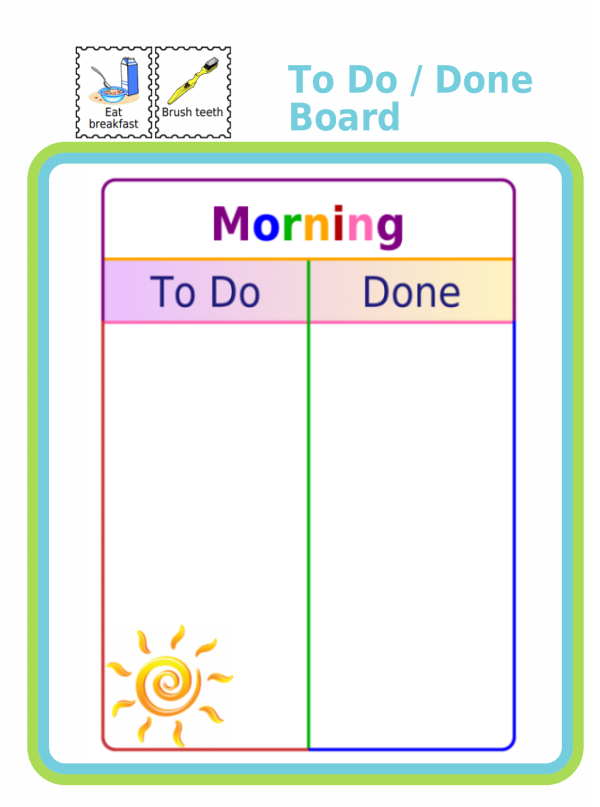 White To Do / Done Board with Logan in rainbow colors