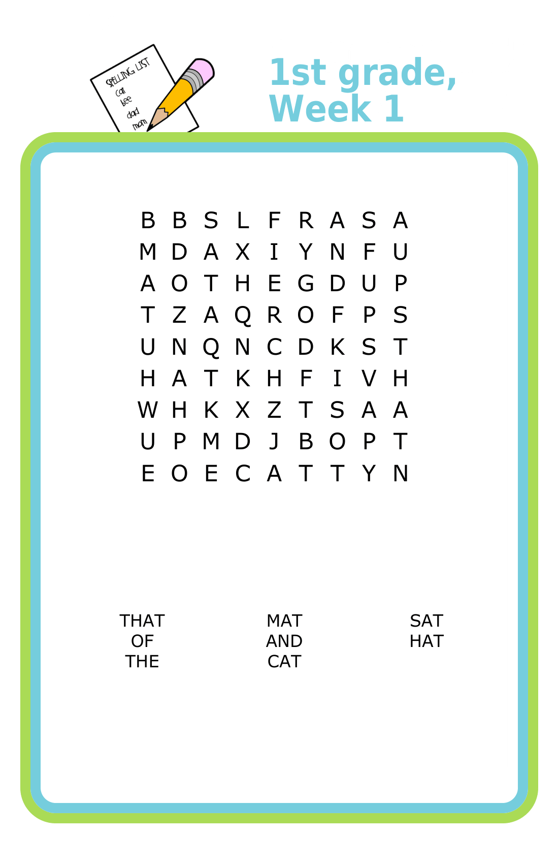 First grade spelling word search puzzle for kids
