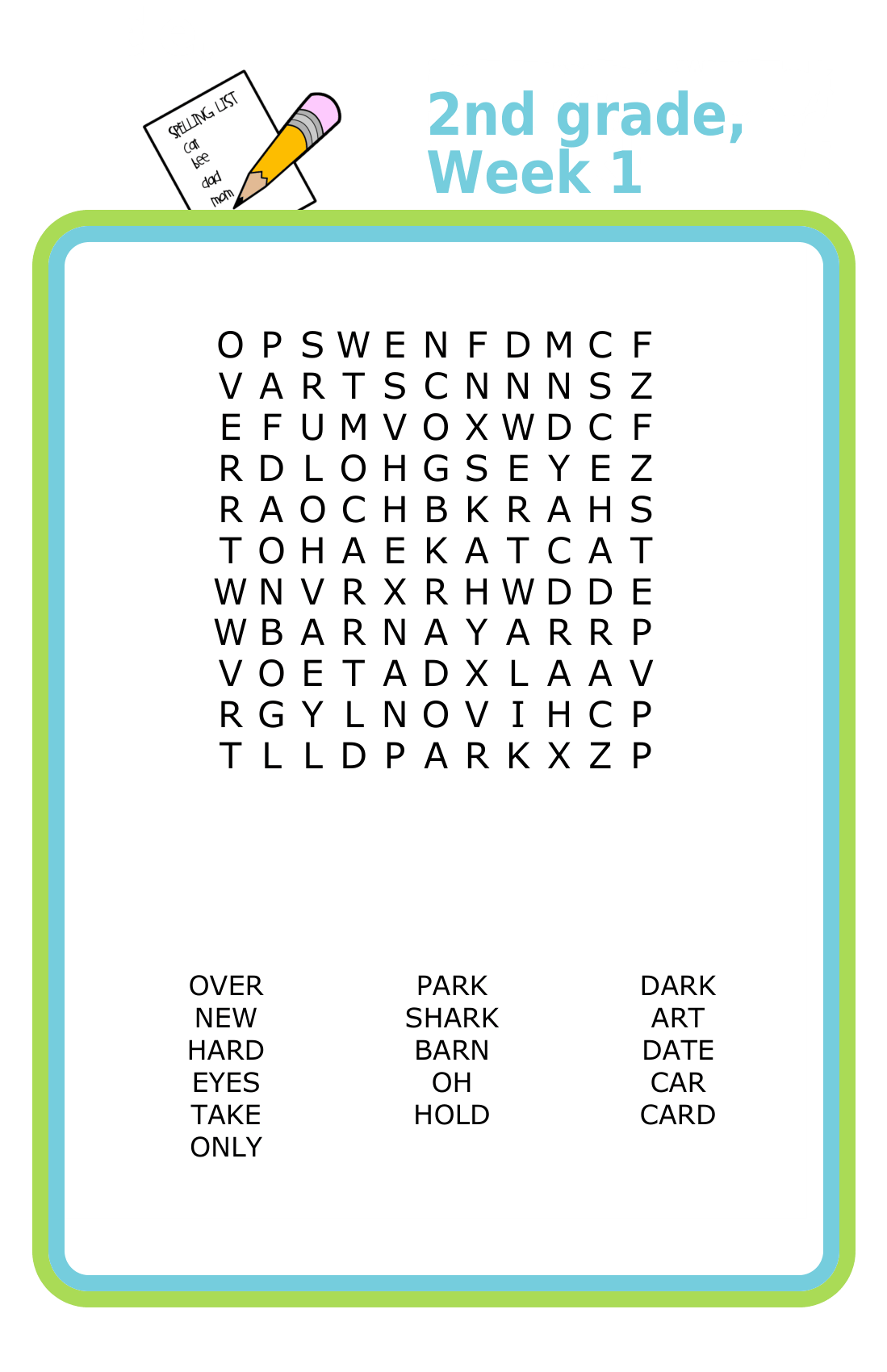 Second grade spelling word search puzzle for kids