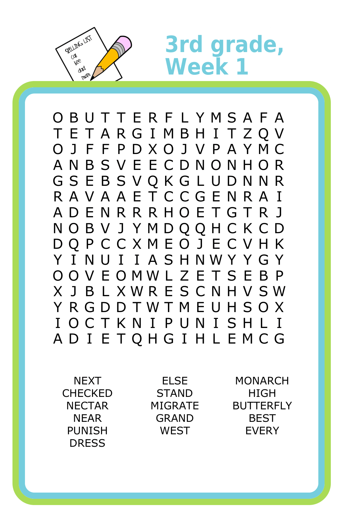 15x15 third grade spelling word search puzzle for kids